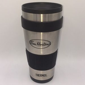 Tim Hortons Stainless Steel Thermos Coffee or Tea Travel Mug Silver Rubber Grip
